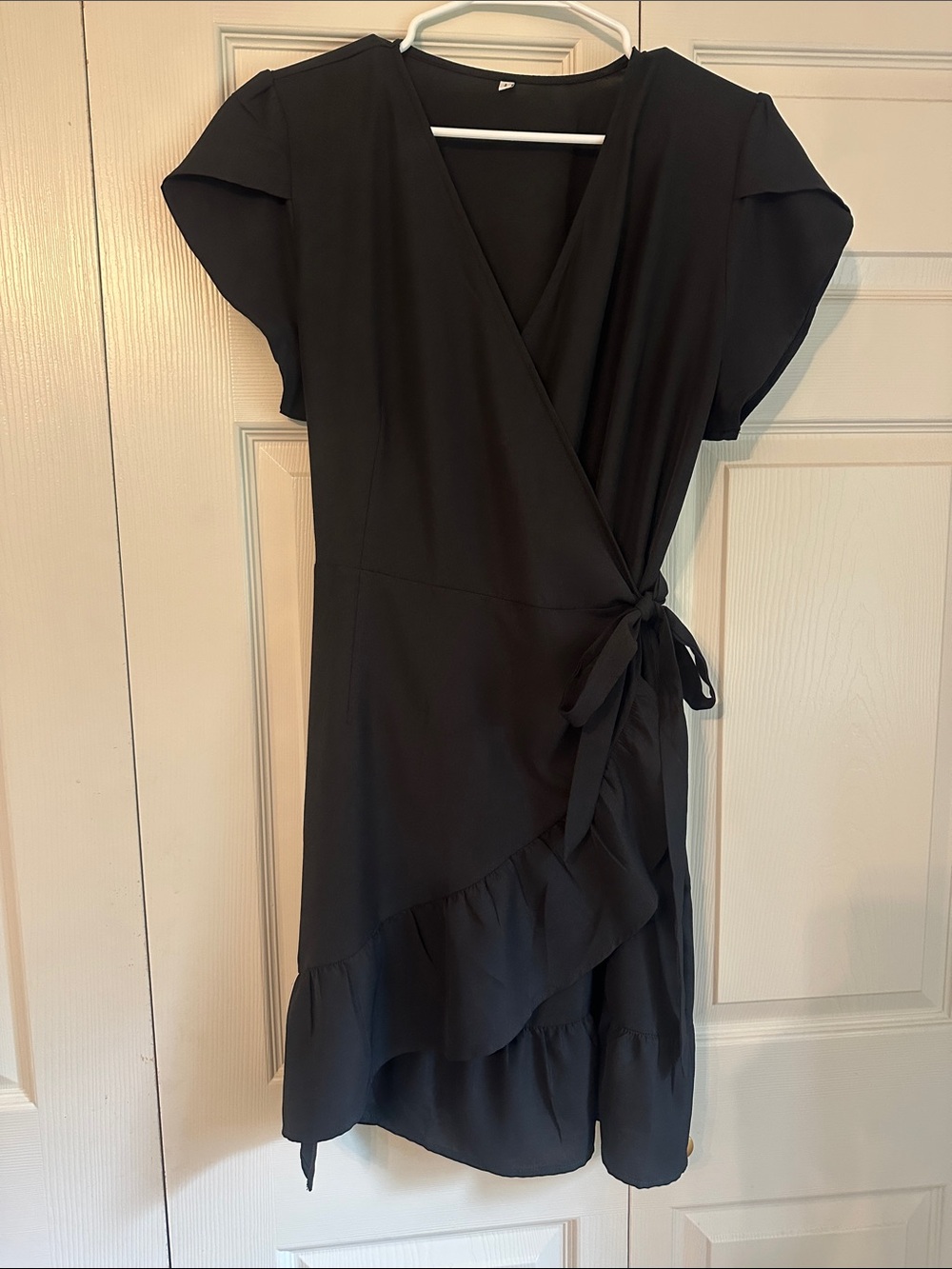 Black Wrap Midi Dress with Ruffle Hem